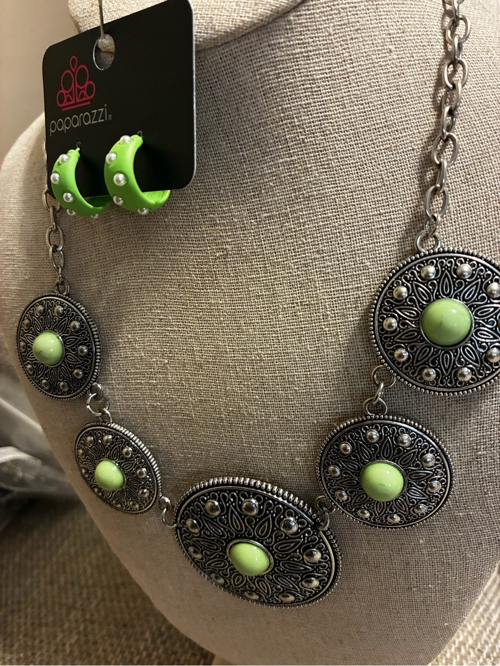 Paparazzi Lime Green Medallion Necklace and Hoop Earrings